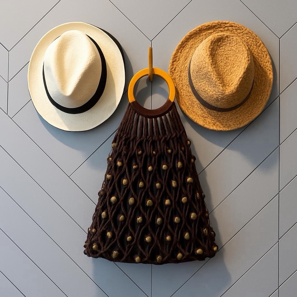 Brown Knitted Tote with Wooden Handle